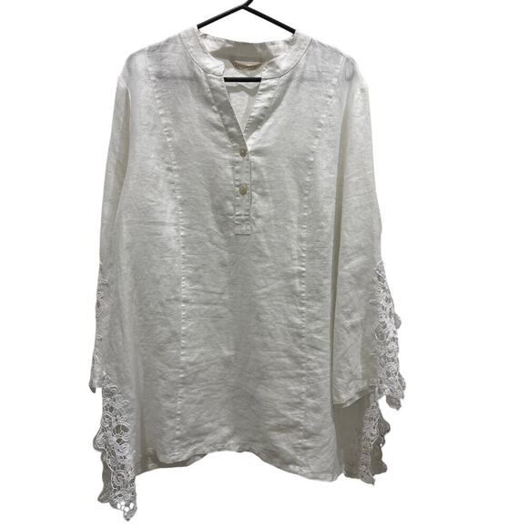 Soft Surroundings 100% Linen V-Neck Bohemian Tunic w/ Crochet Detail Sz L - Picture 1 of 6
